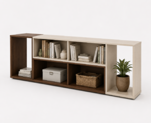 Spacivo two-tone dark walnut and light beige low bookshelf unit with open cubbies and side display slots