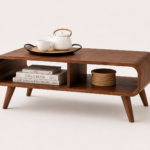 Spacivo brown wooden coffee table with rounded edges, open shelf storage, and splayed legs