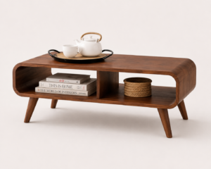 Spacivo brown wooden coffee table with rounded edges, open shelf storage, and splayed legs