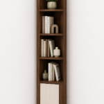 Spacivo dark walnut wooden tall corner display shelf with open tiers and bottom cream door cabinet