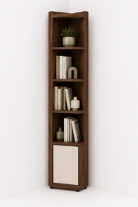 Spacivo dark walnut wooden tall corner display shelf with open tiers and bottom cream door cabinet