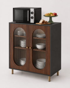 Spacivo black and walnut crockery cabinet featuring arched fluted glass doors, brass hardware, and interior shelf storage