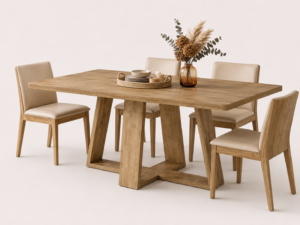 Spacivo natural oak wooden dining table with angled trestle base and four upholstered beige chairs