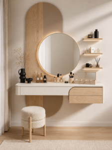 Spacivo floating dressing table unit with round backlit mirror, natural wood backdrop panel, drawers, and bouclé ottoman stool