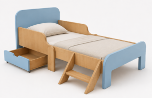 Spacivo natural wood and light blue kids bed featuring safety guardrails, side ladder, and pull-out underbed storage drawer