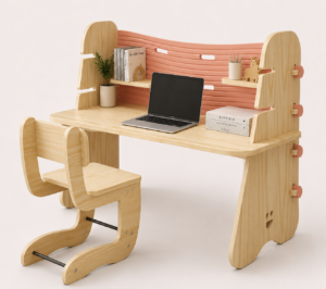 Spacivo natural wood and pink kids study table desk set with matching ergonomic chair and elevated hutch shelves