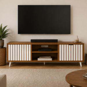 Modern floor standing TV unit with fluted side doors, center open shelves, drawer, natural wood and white finish.