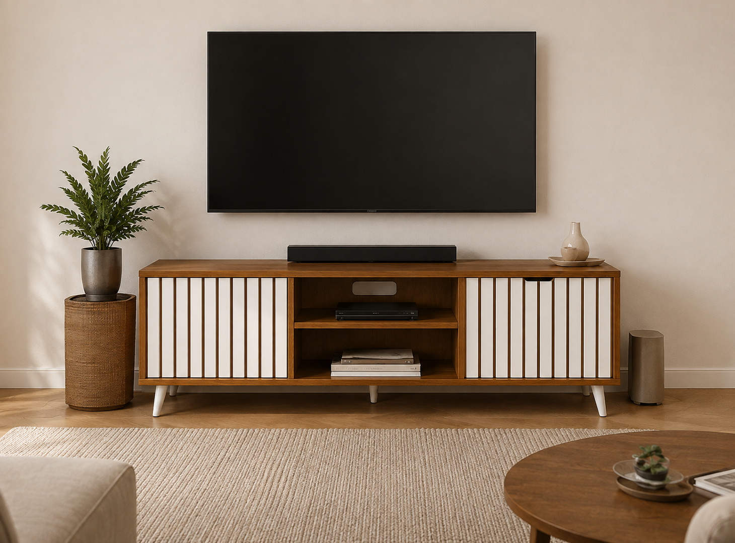 Spacivo Modern TV Unit with Fluted Dual Doors & Open Center Shelf