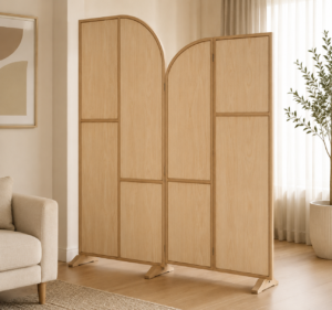 Spacivo natural wood arched room divider partition screen in a modern living room