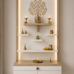 Spacivo modern backlit pooja unit with tree of life artwork, multi-tier floating shelves, and storage drawers