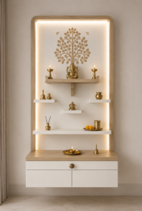 Spacivo modern backlit pooja unit with tree of life artwork, multi-tier floating shelves, and storage drawers