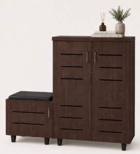Spacivo dark walnut wooden shoe rack cabinet featuring louvered ventilation doors and attached upholstered seating bench