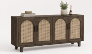 Spacivo dark walnut wooden sideboard console featuring four arched woven rattan mesh doors with black pull handles