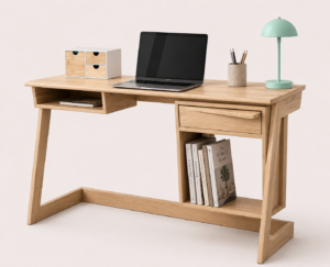 Spacivo natural wood study desk with open shelf, drawer, and bottom storage compartmen