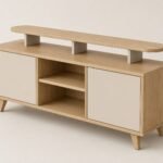 Modern floor standing TV unit with fluted side doors, center open shelves, drawer, natural wood and white finish.