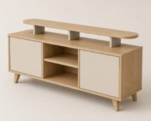 Modern floor standing TV unit with fluted side doors, center open shelves, drawer, natural wood and white finish.