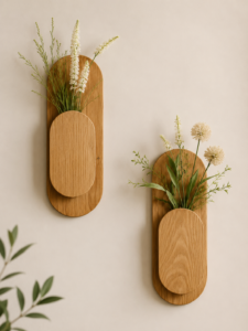 Spacivo natural wood oval wall pocket planters mounted on a neutral wall